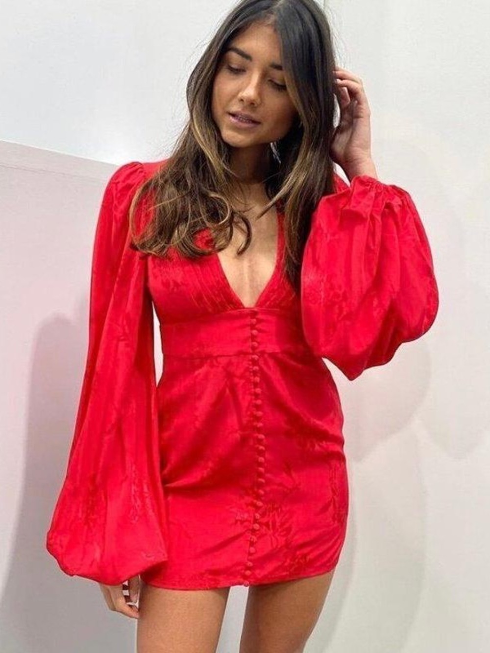 Red Satin Mini Dress w/Button Front “Isabella”voluminous sleeves animal print